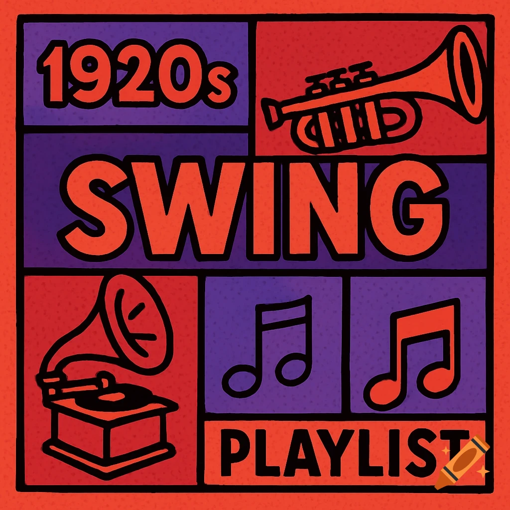 Pop art album cover for a 1920s swing playlist with text, trumpet, gramophone, and music notes.