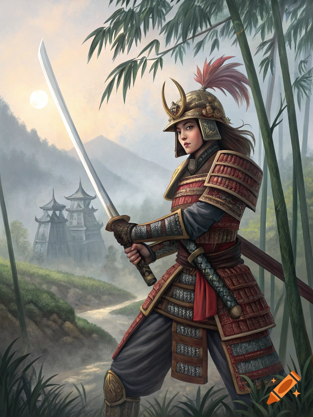 A female samurai in armor holds a sword in a landscape with a temple.