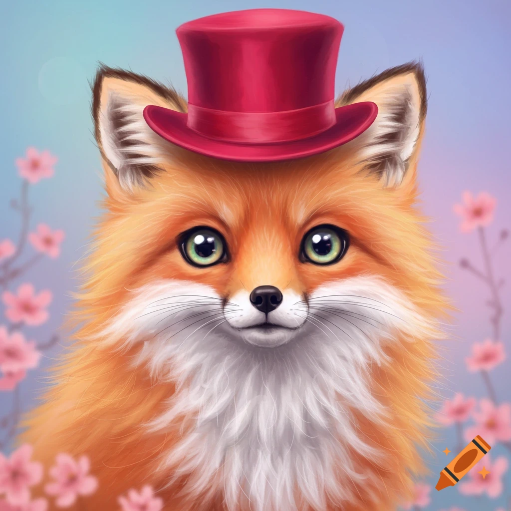 A cute illustrated fox wears a red top hat, with pink flowers in the background.