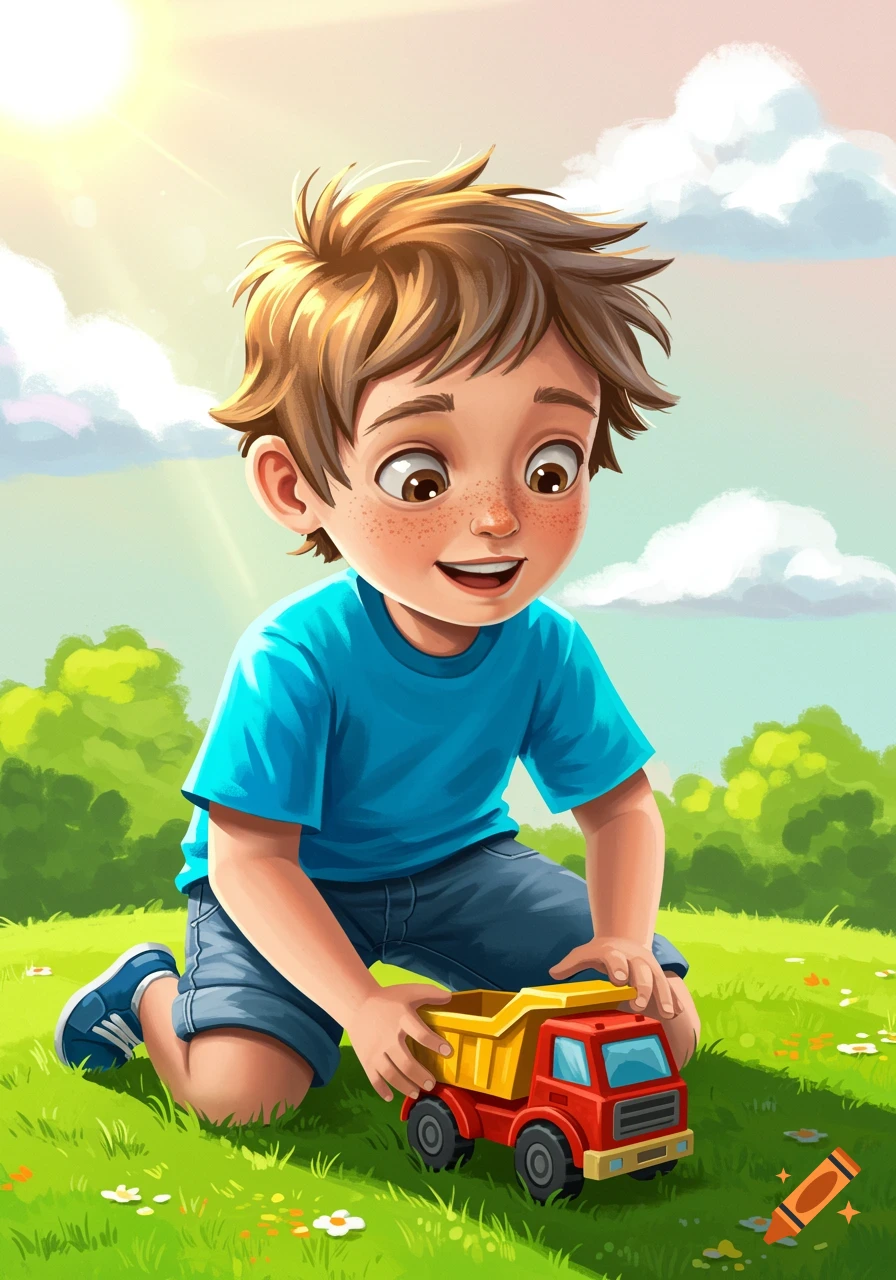 Digital illustration of a boy playing with a toy truck in a sunny grassy field.