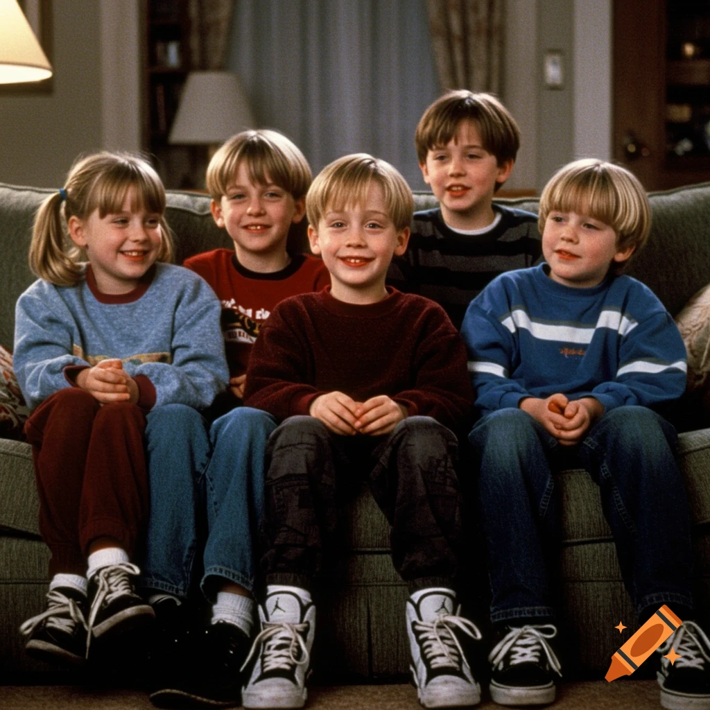 Five young children, four boys and one girl, sit smiling on a couch, like a movie scene.