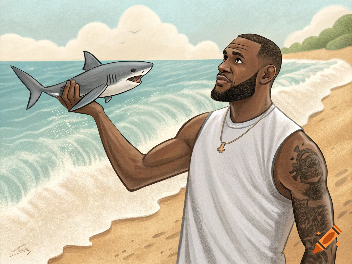Illustration of LeBron James holding a shark on a beach