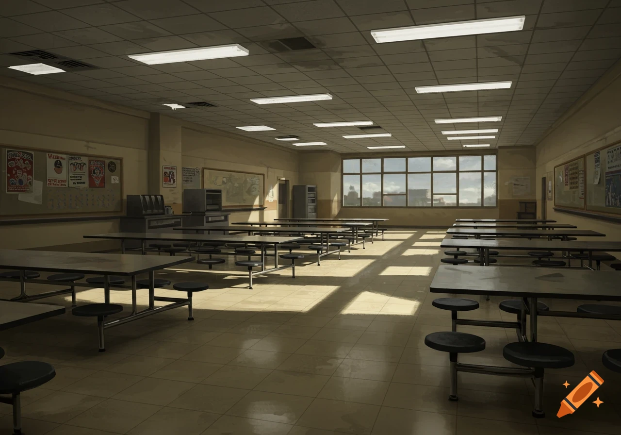 An empty high school cafeteria with long tables and benches, lit by sunlight streaming through windows. Digital art.