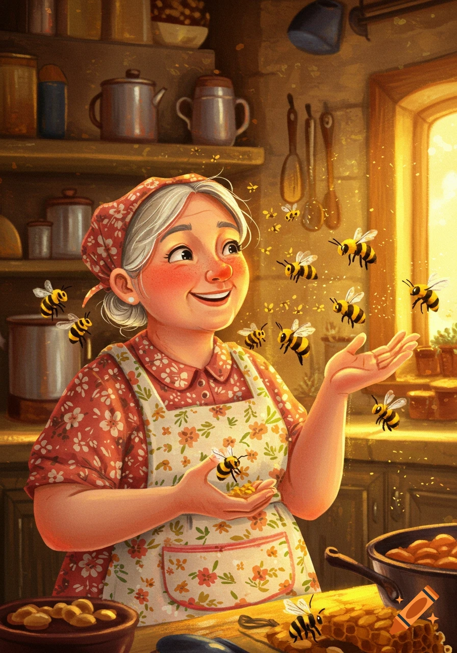 Illustration of a happy old woman in a kitchen, smiling while surrounded by bees and honey.
