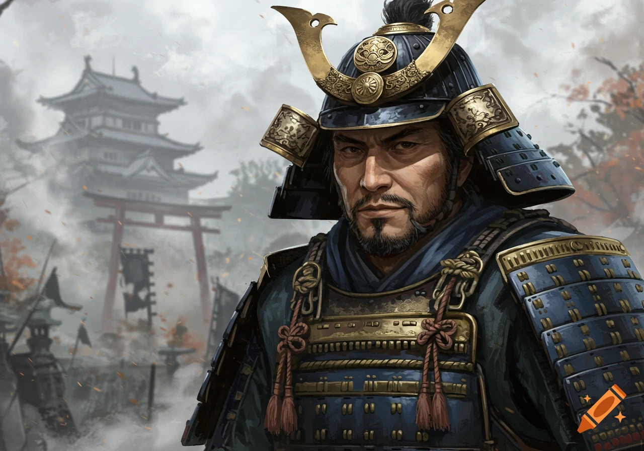 Close-up of a samurai in armor and helmet before a Japanese temple and torii gate