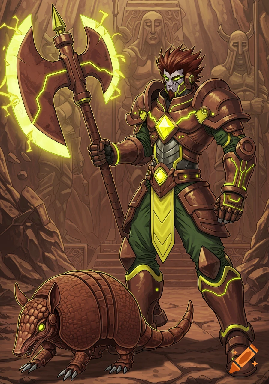 A futuristic warrior with a glowing axe stands with a cybernetic armadillo in a stylized temple setting.