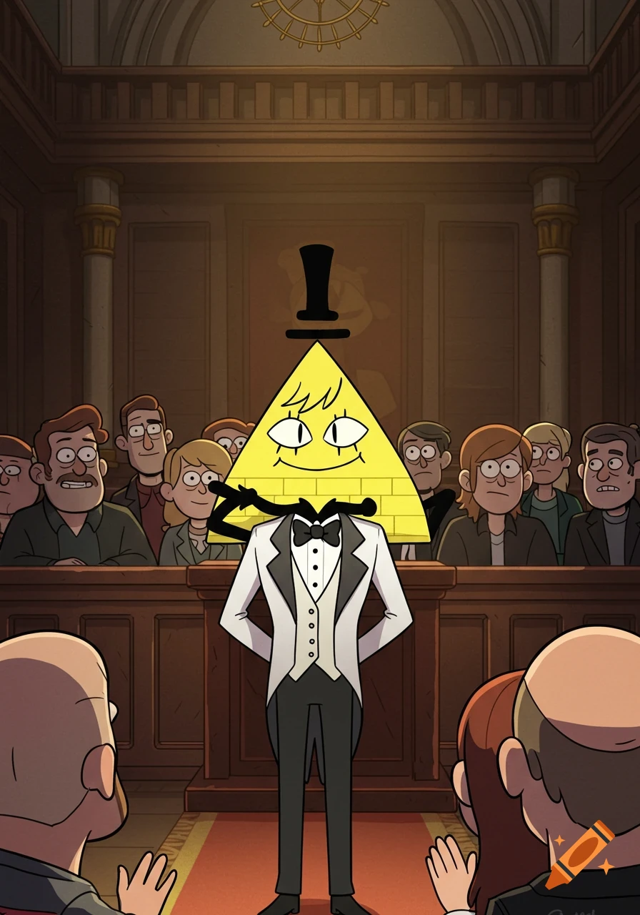 Bill Cipher, the triangular character from Gravity Falls, stands in a courtroom in a tuxedo. Cartoon style.