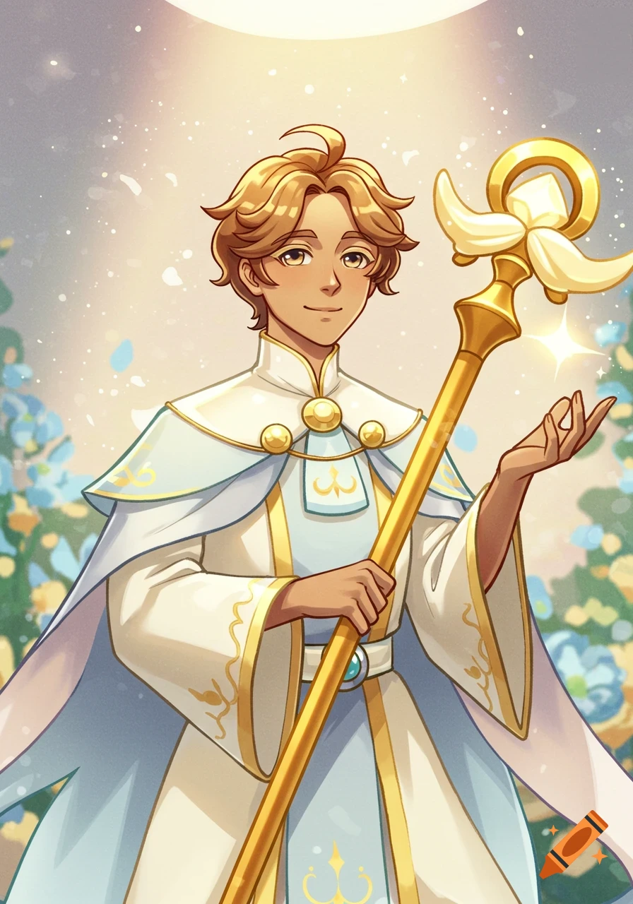 Stylized illustration of a tan-skinned person with golden hair in ornate white robes holding a golden staff.