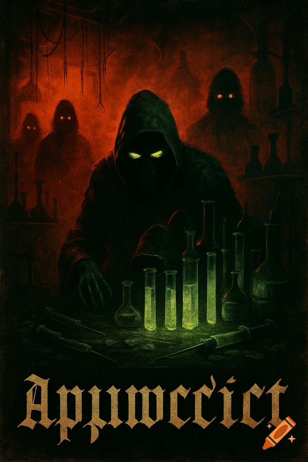 Dark horror album art with hooded figures, glowing green vials, and gothic text.