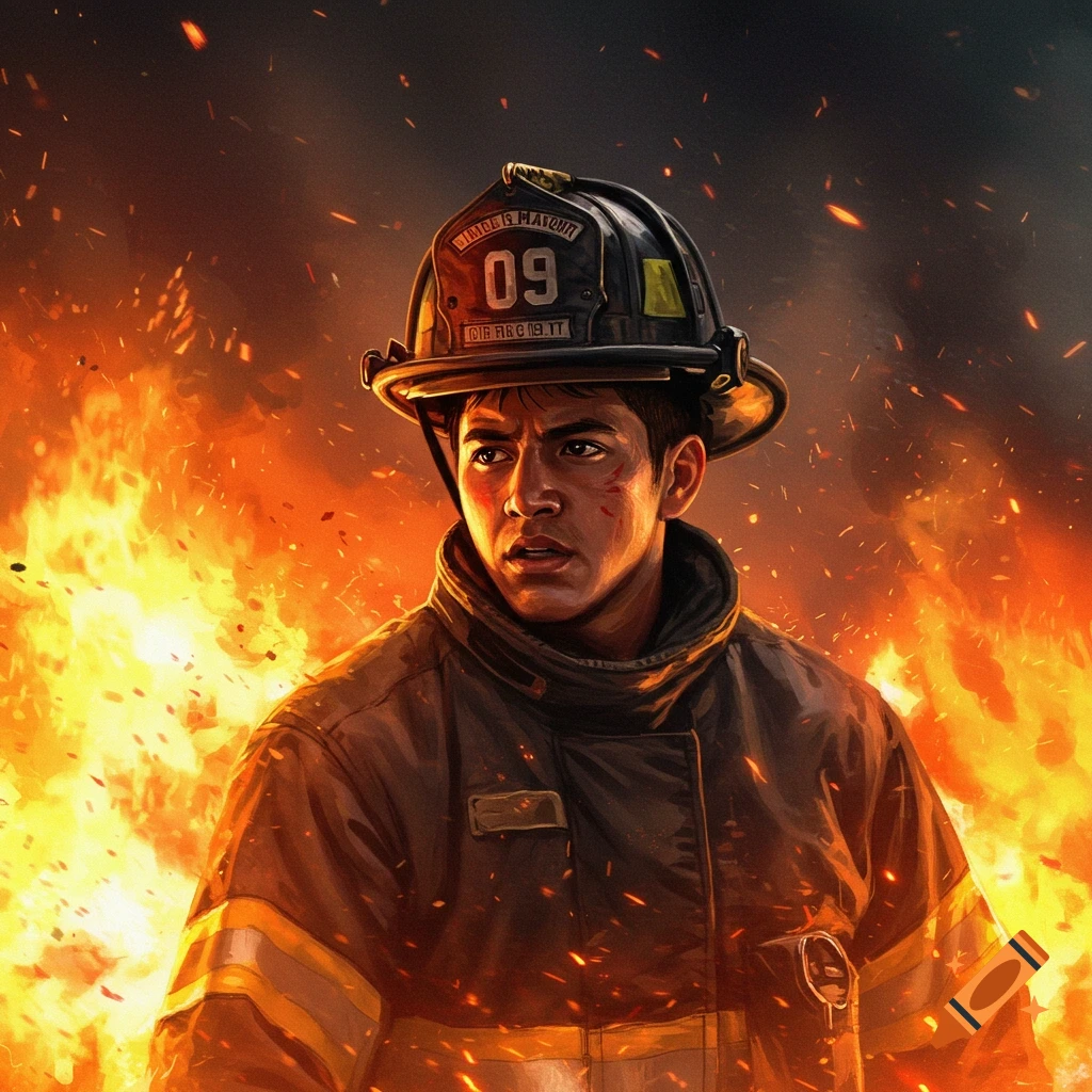 A dramatic illustration of a firefighter looking through flames and smoke.
