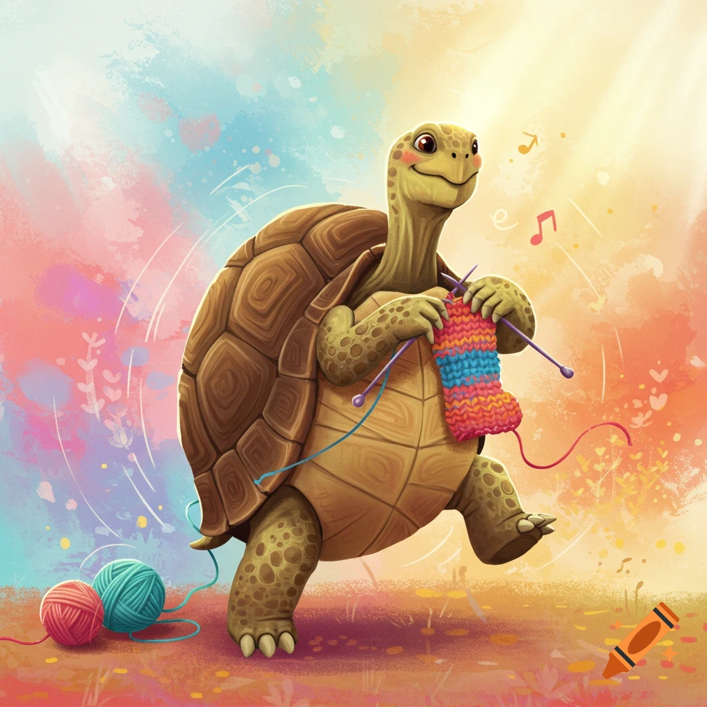 Cartoon tortoise knitting and dancing in a colorful watercolor background.