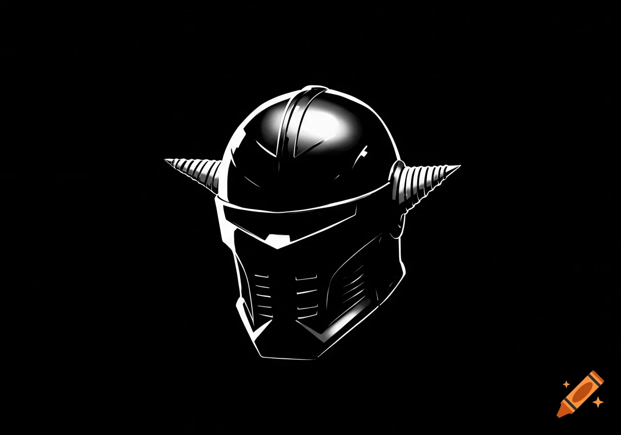 Black and white illustration of a sci-fi helmet with drill-like horns.