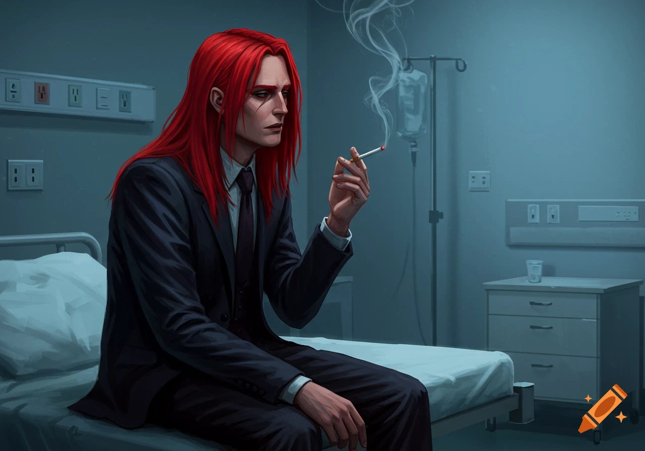 Illustration of a man with long red hair and a suit sitting on a hospital bed and smoking a cigarette.