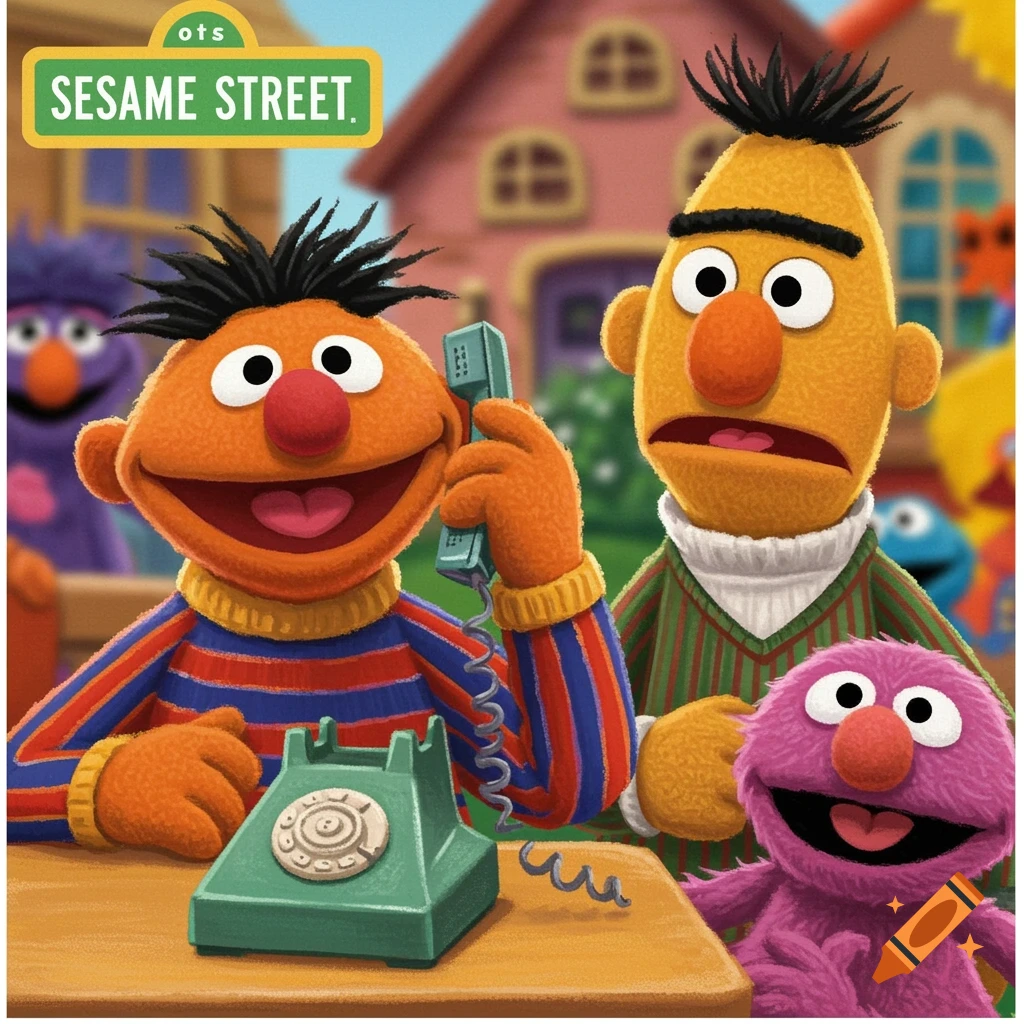 Ernie from Sesame Street talks on a rotary phone next to a concerned Bert and a purple puppet.