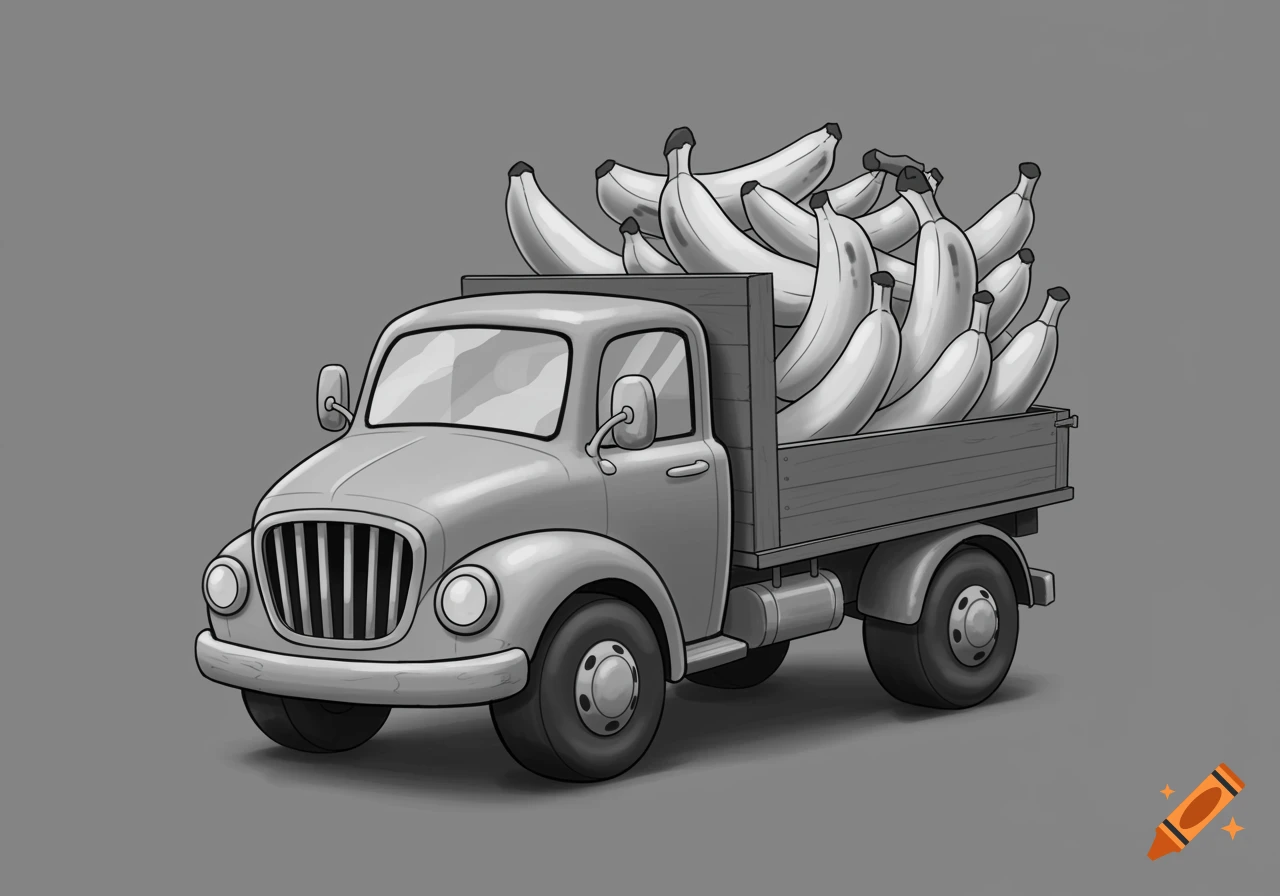 A grayscale cartoon illustration of a truck overflowing with bananas.