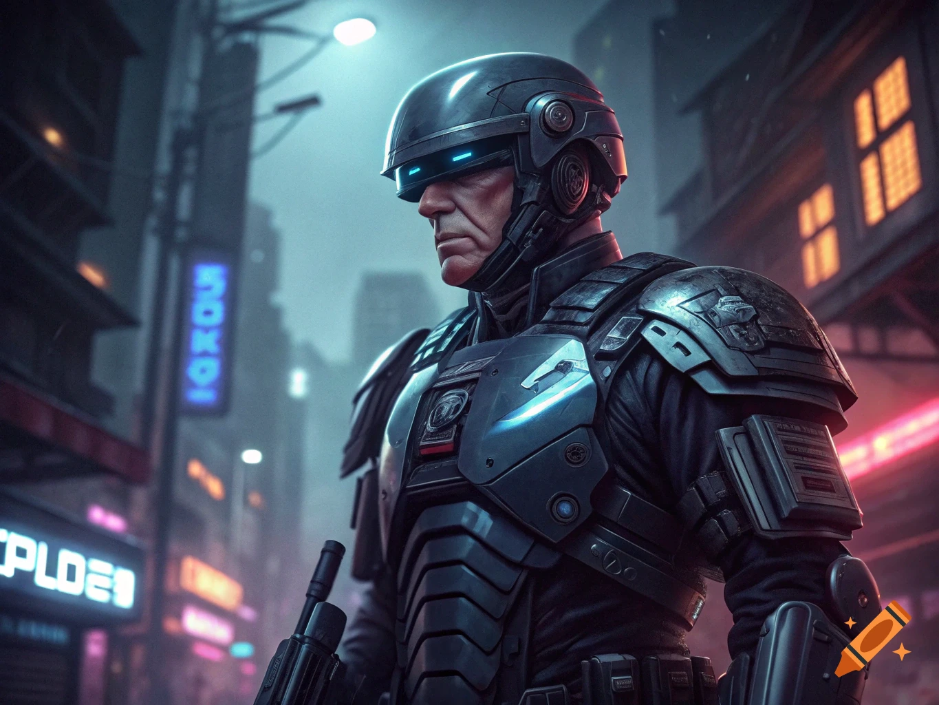 Person in futuristic armor standing on a cyberpunk city street at night