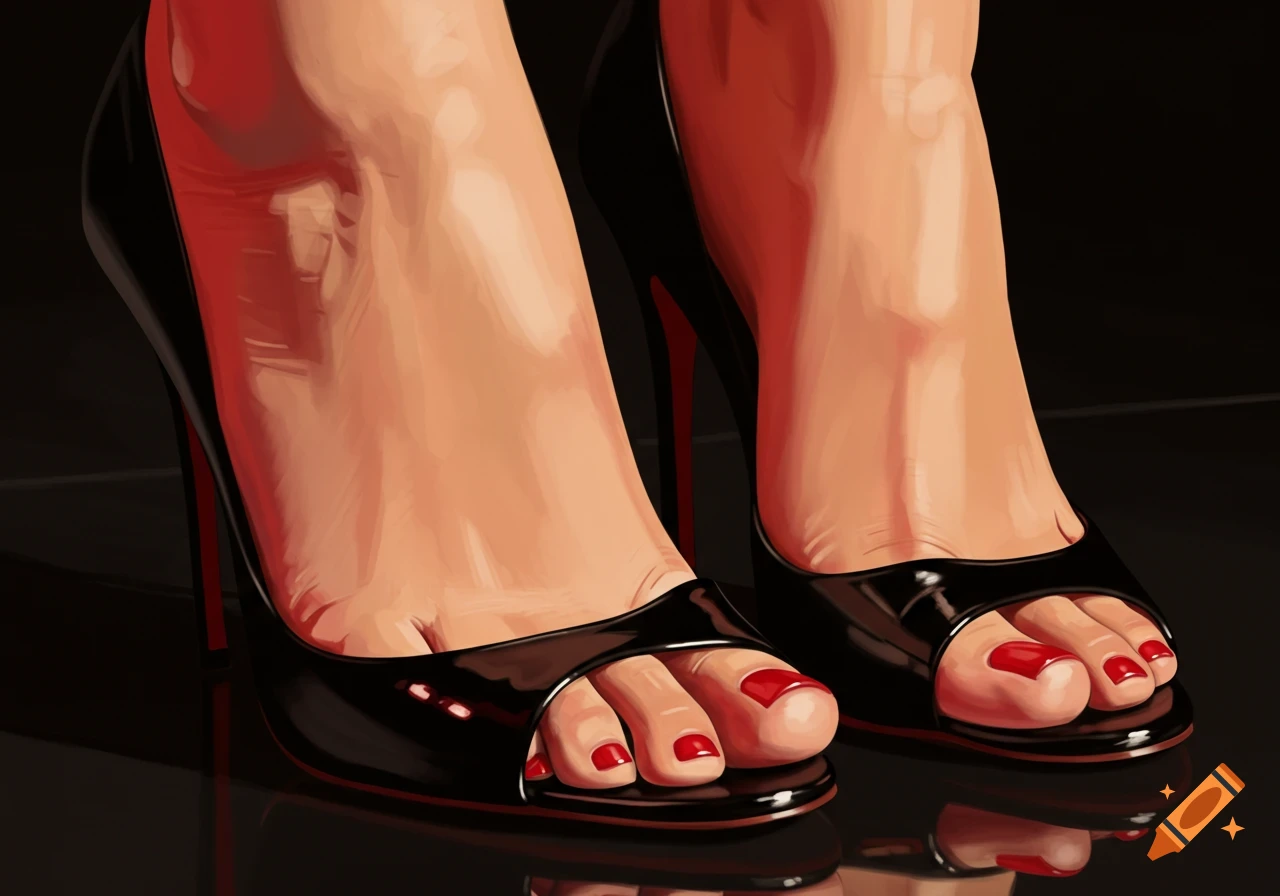 Close-up of feet in black high heels with red soles and red nail polish in a stylized render.