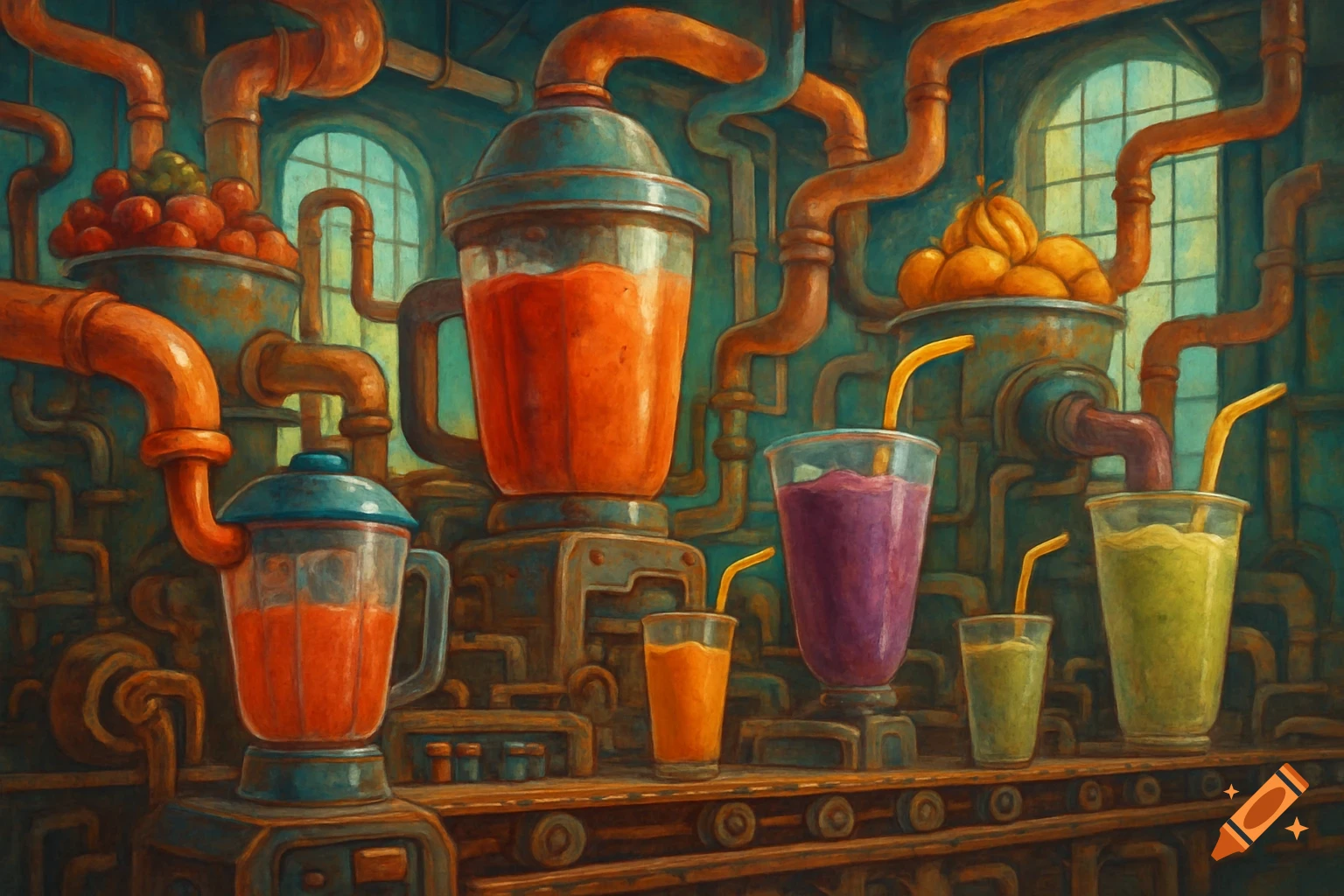 Painterly depiction of a smoothie factory with blenders, pipes, fruit, and glasses of colorful drinks.