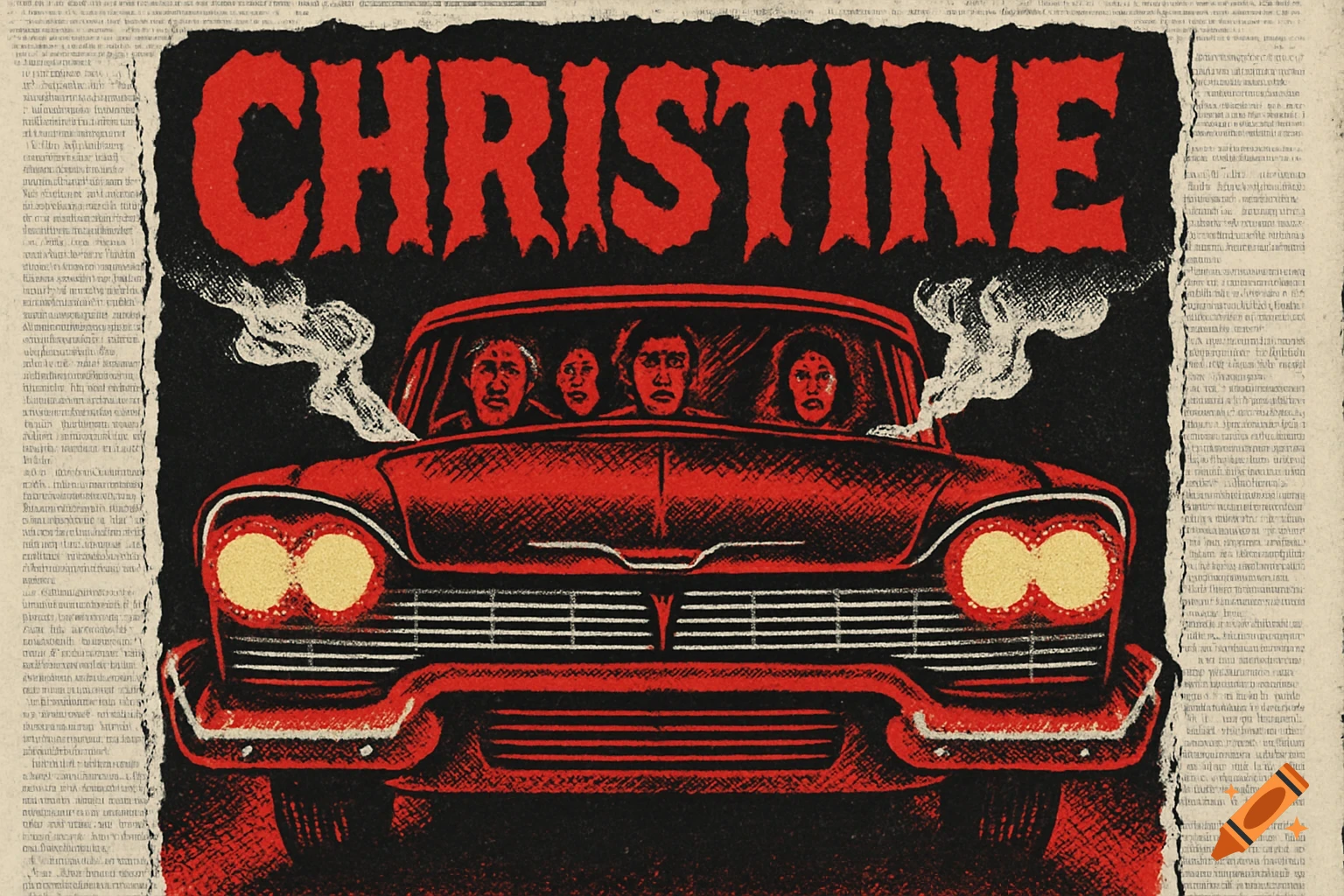 Distressed horror movie poster for 'CHRISTINE' featuring a red vintage car with frightened passengers under the title text, on a ripped newspaper background.
