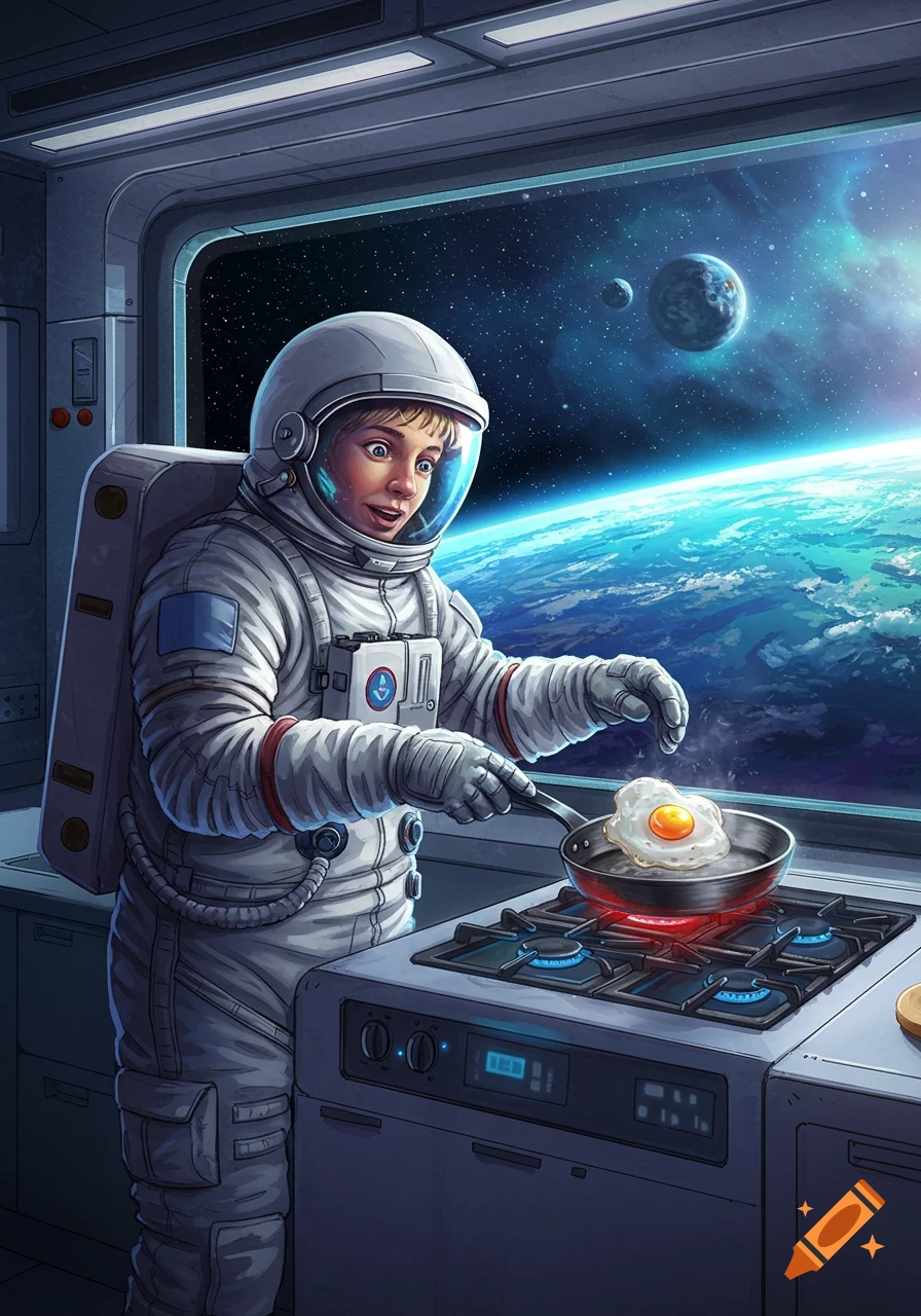 An astronaut cooks an egg in a space station kitchen, looking at Earth and planets through a window. Illustration style.