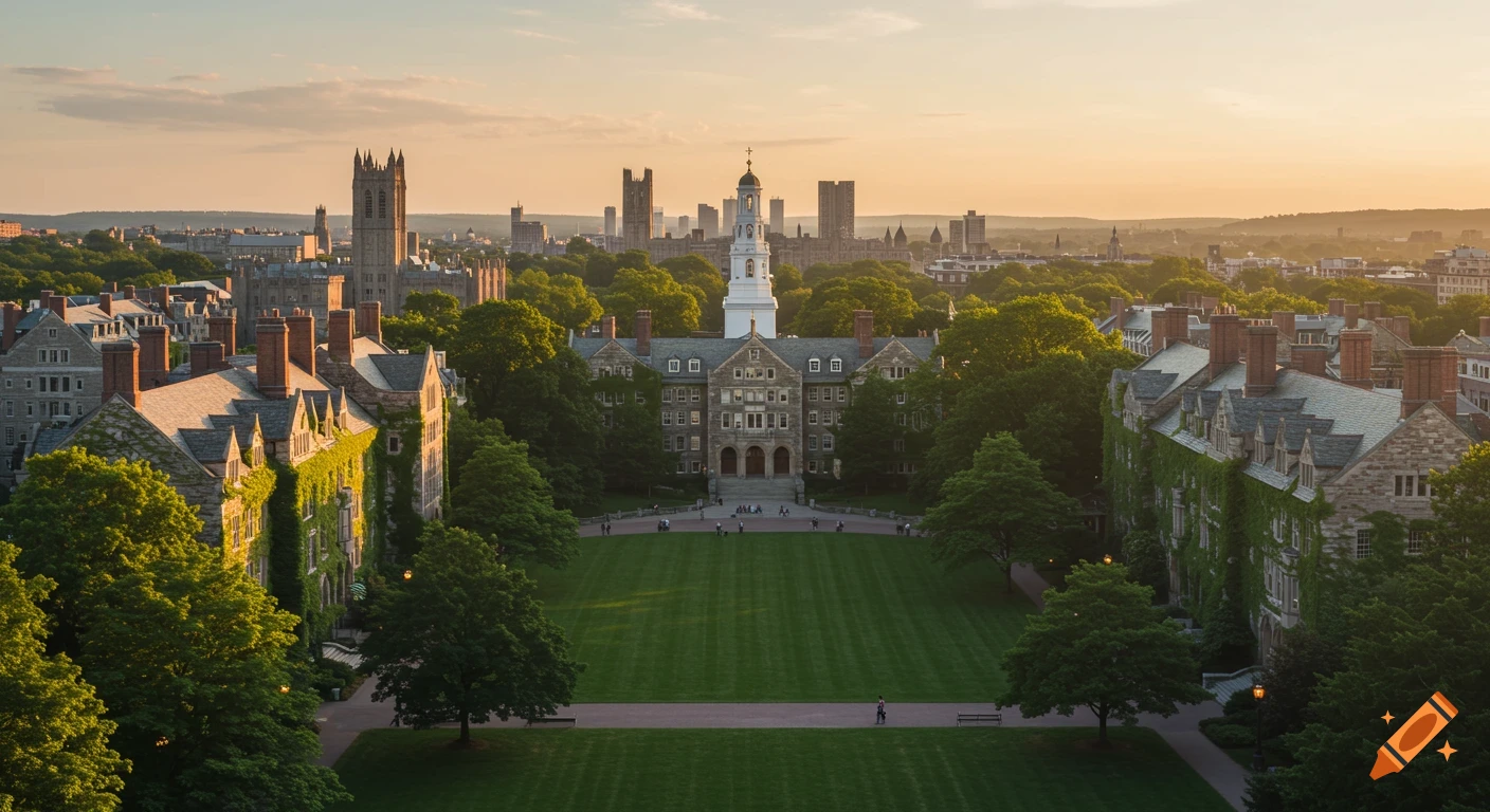Aerial view of historic university buildings, quad lawn, and city skyline at sunset.
