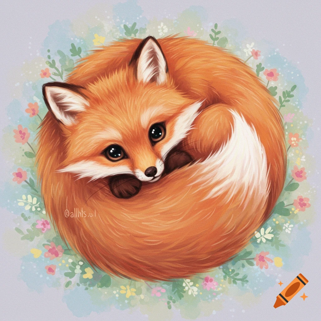 A cute illustration of a red fox curled up in a ball, surrounded by small flowers.