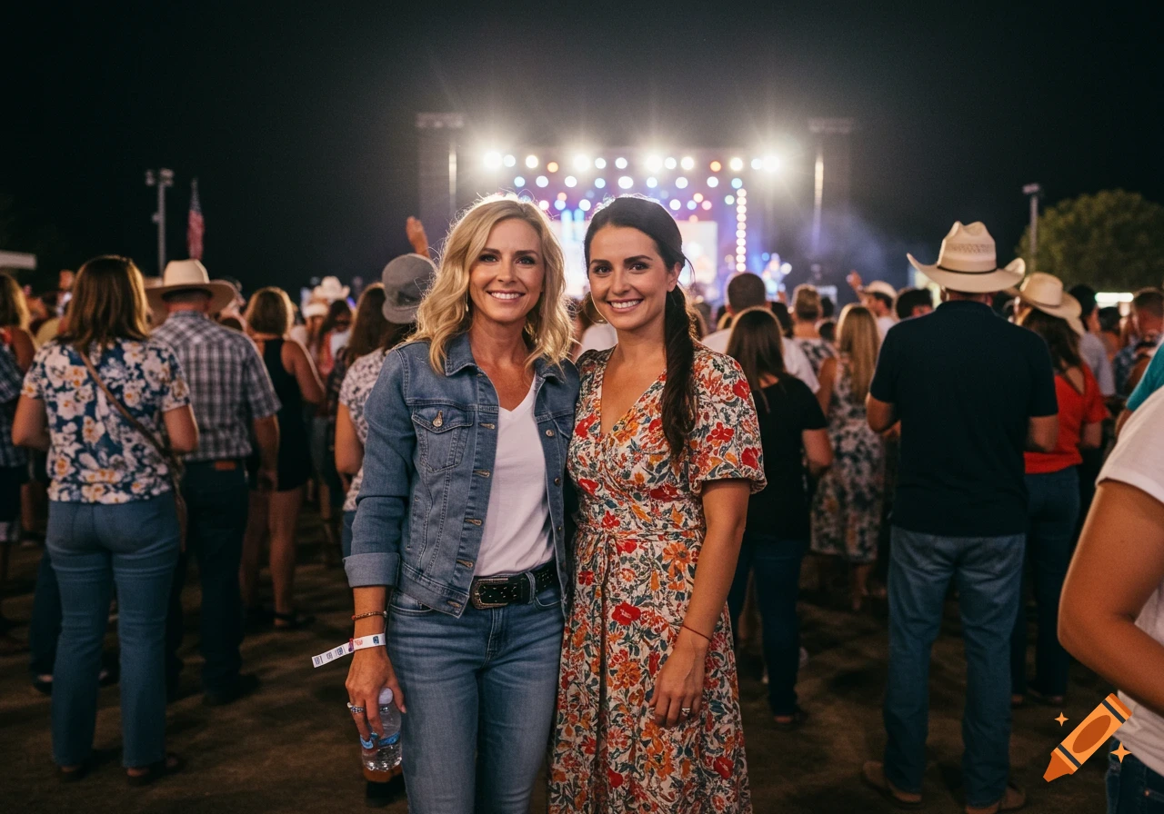 Two women pose for a photo at a country concert at night.