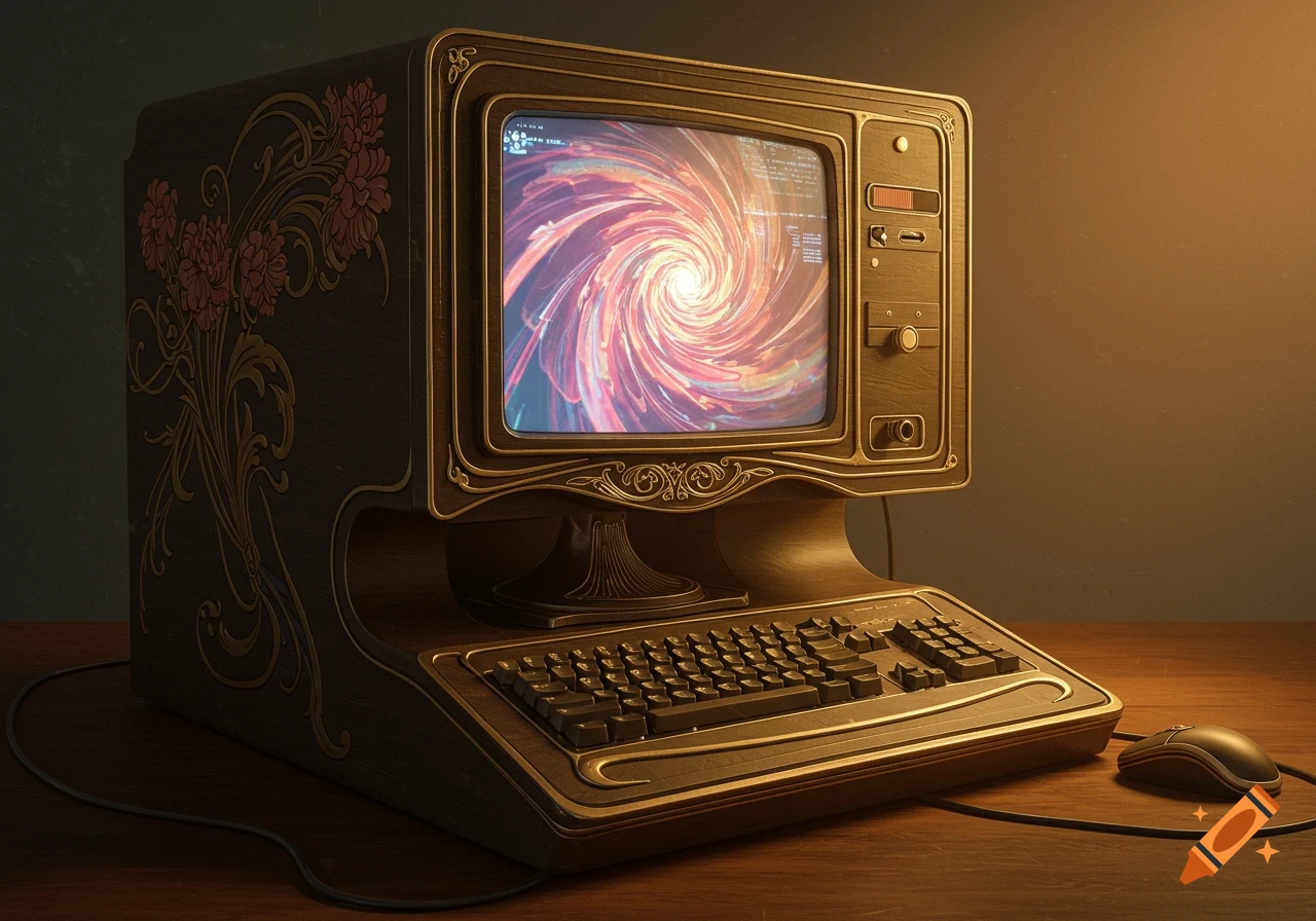 Art nouveau computer with keyboard and mouse, screen showing colorful swirl and text.