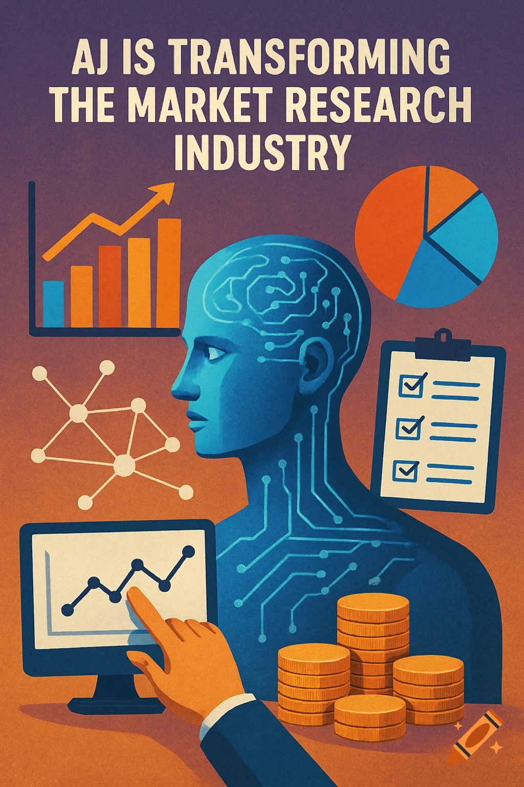 Stylized illustration showing a head with circuits, charts, graphs, coins, and text about AI transforming market research.