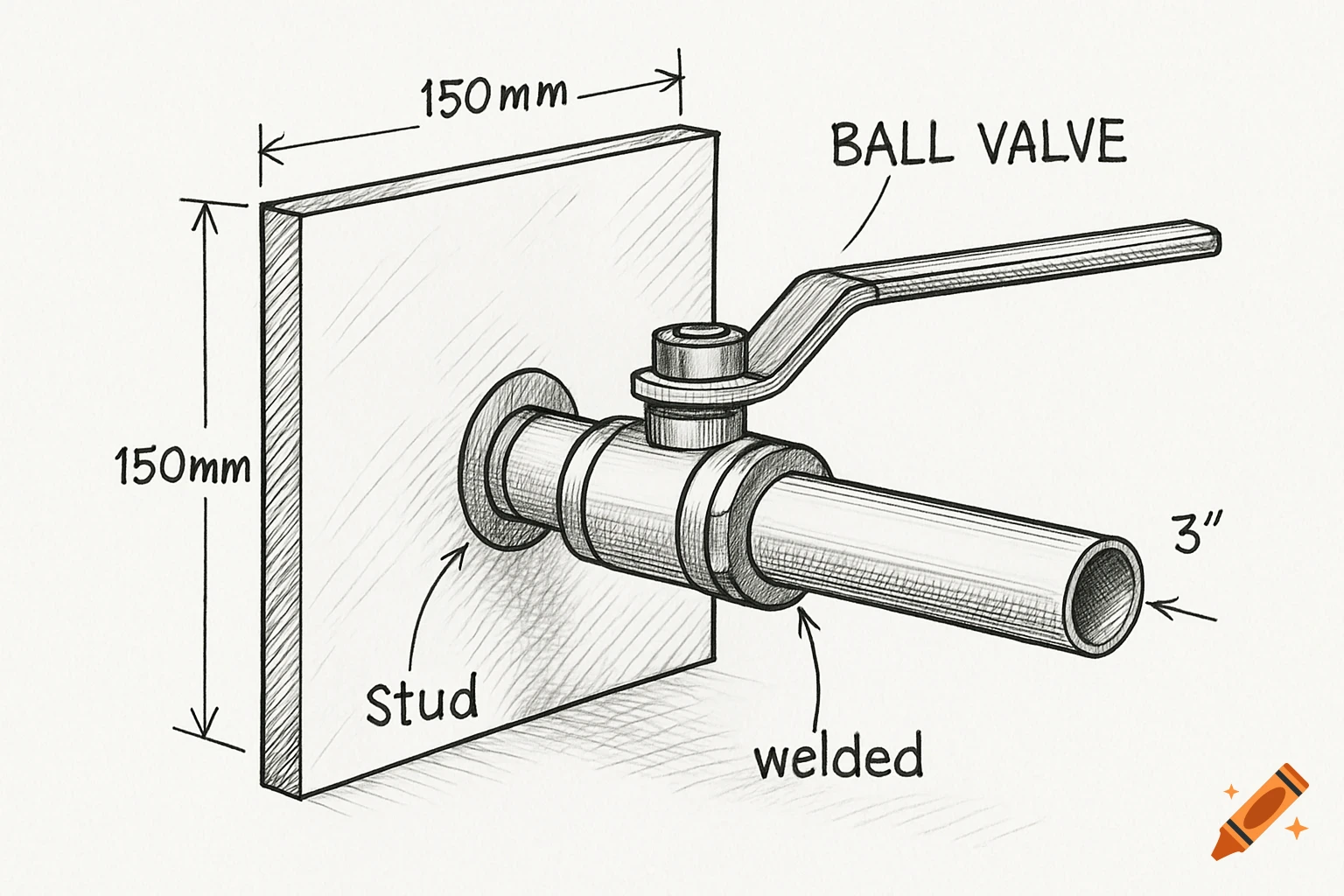 Sketch of a ball valve connected to a pipe on a plate with dimensions ...