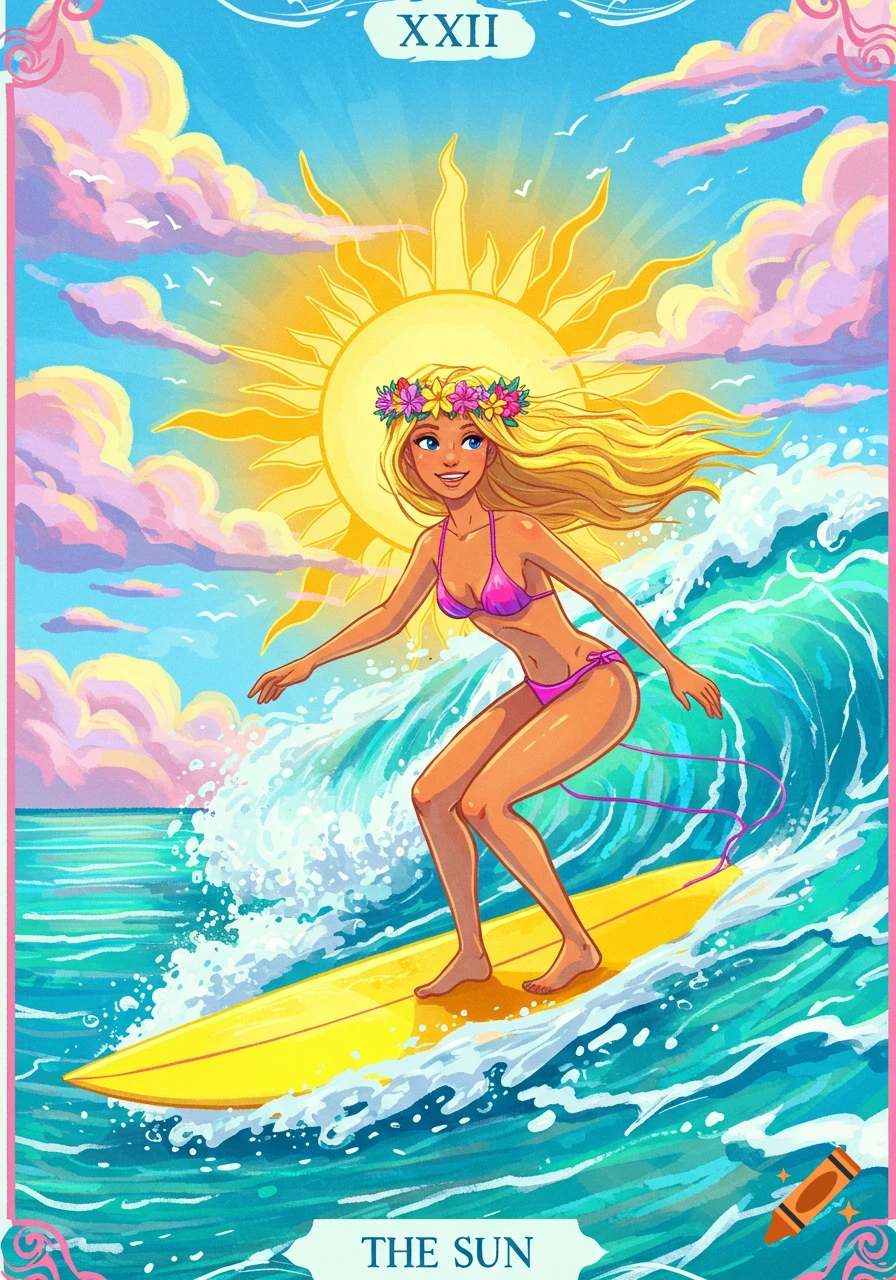 Illustration of a surfer girl riding a wave under a large sun, styled as a tarot card.