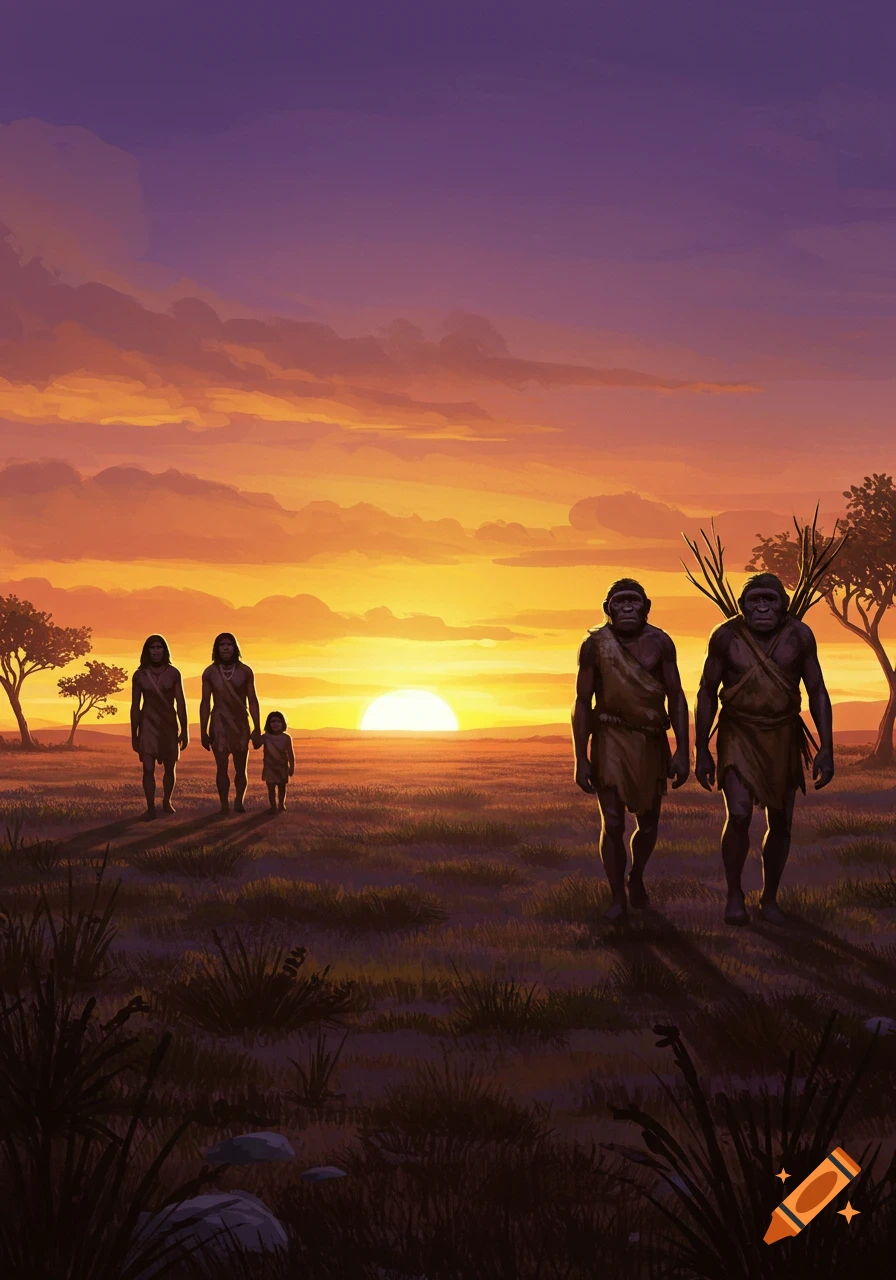 Illustration of two groups of early humans walking across a grassy field at sunset.