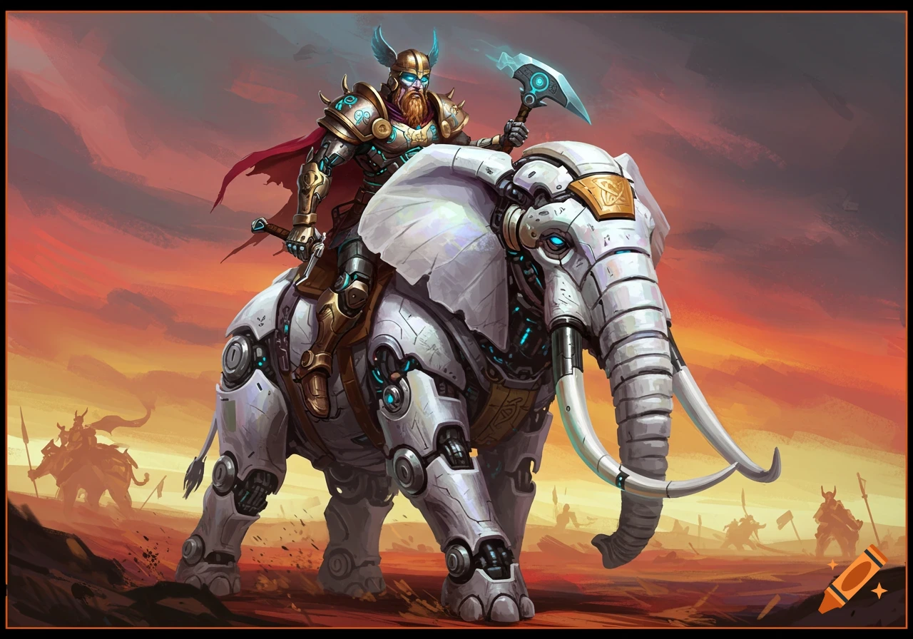 Cyborg Norse warrior rides a white cyborg elephant in a battle scene illustration.