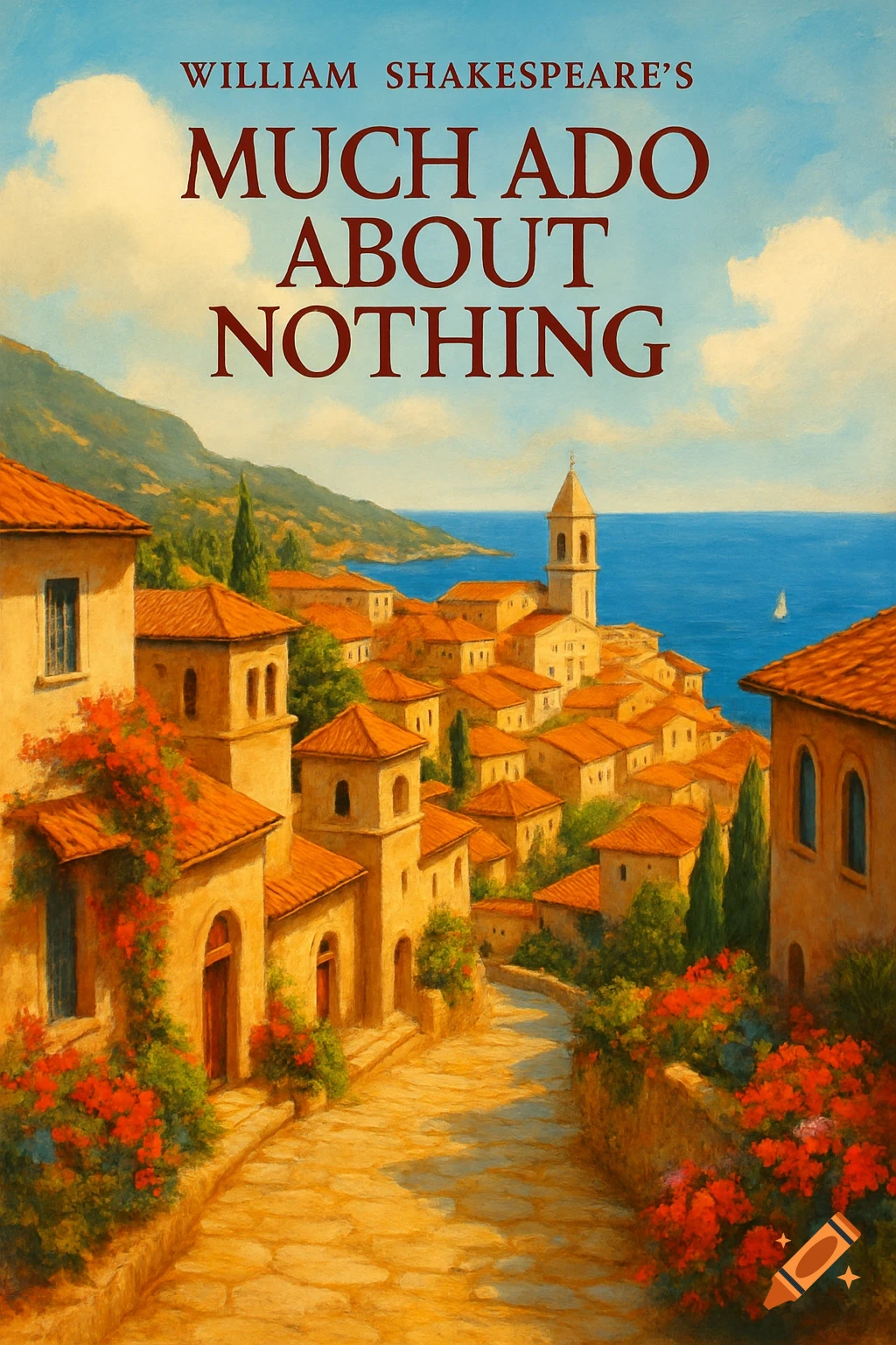 Painted view of a Mediterranean coastal town with red roofs and flowers, overlooking the sea, text reads 'MUCH ADO ABOUT NOTHING'