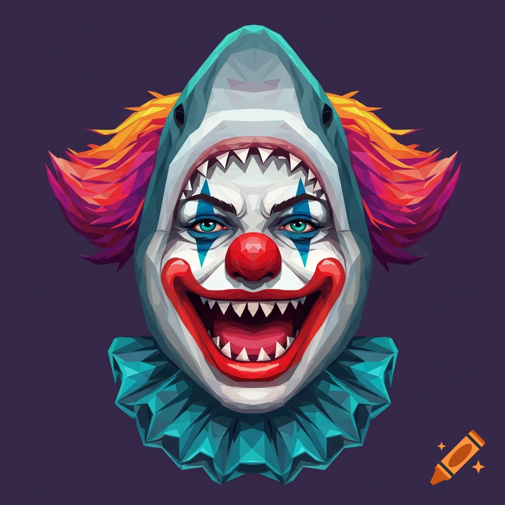 Geometric art illustration of a terrifying clown face inside a shark head.