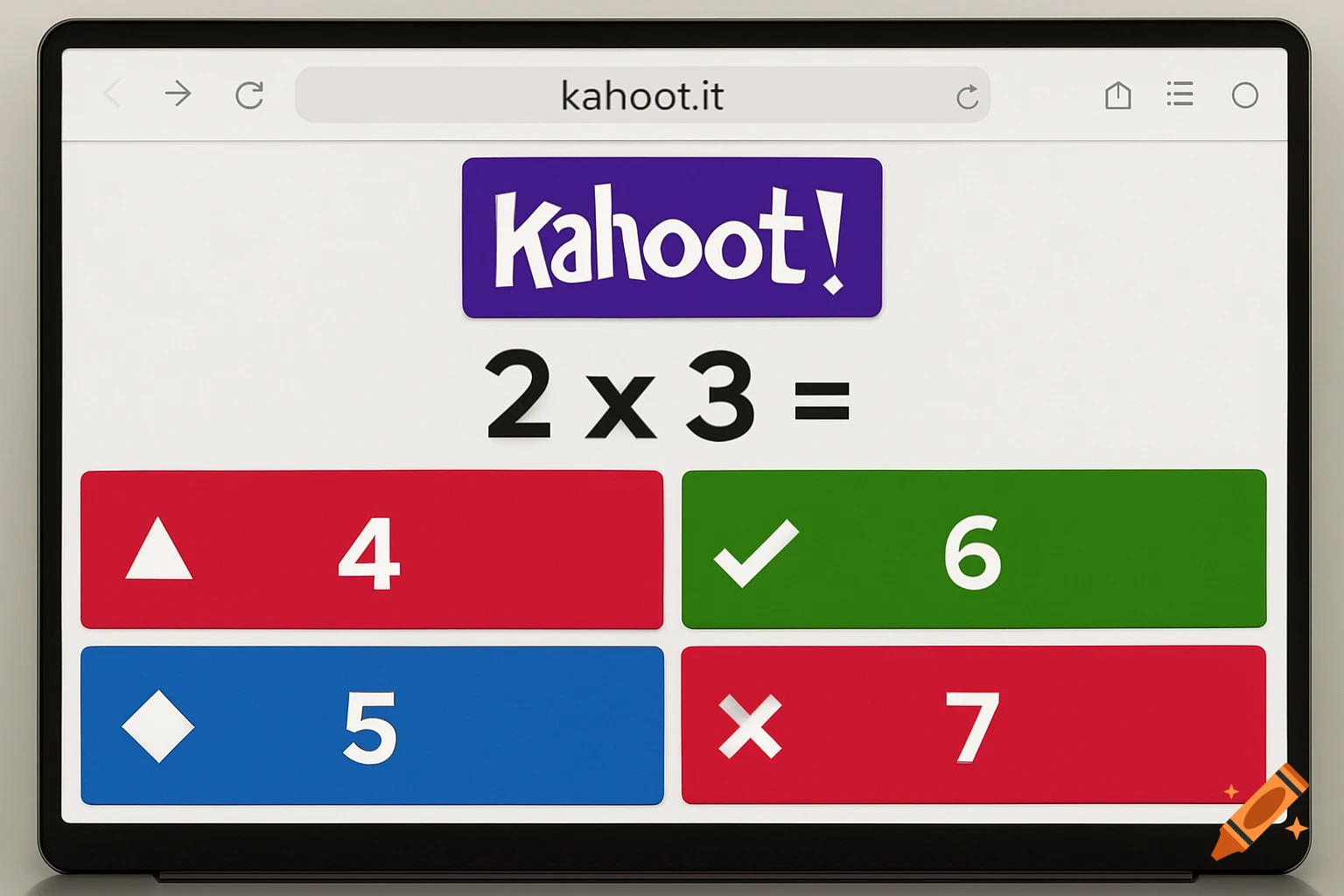 A Kahoot quiz screen shows the math question 2 x 3 = with answer choices 4, 5, 6 (correct), 7.