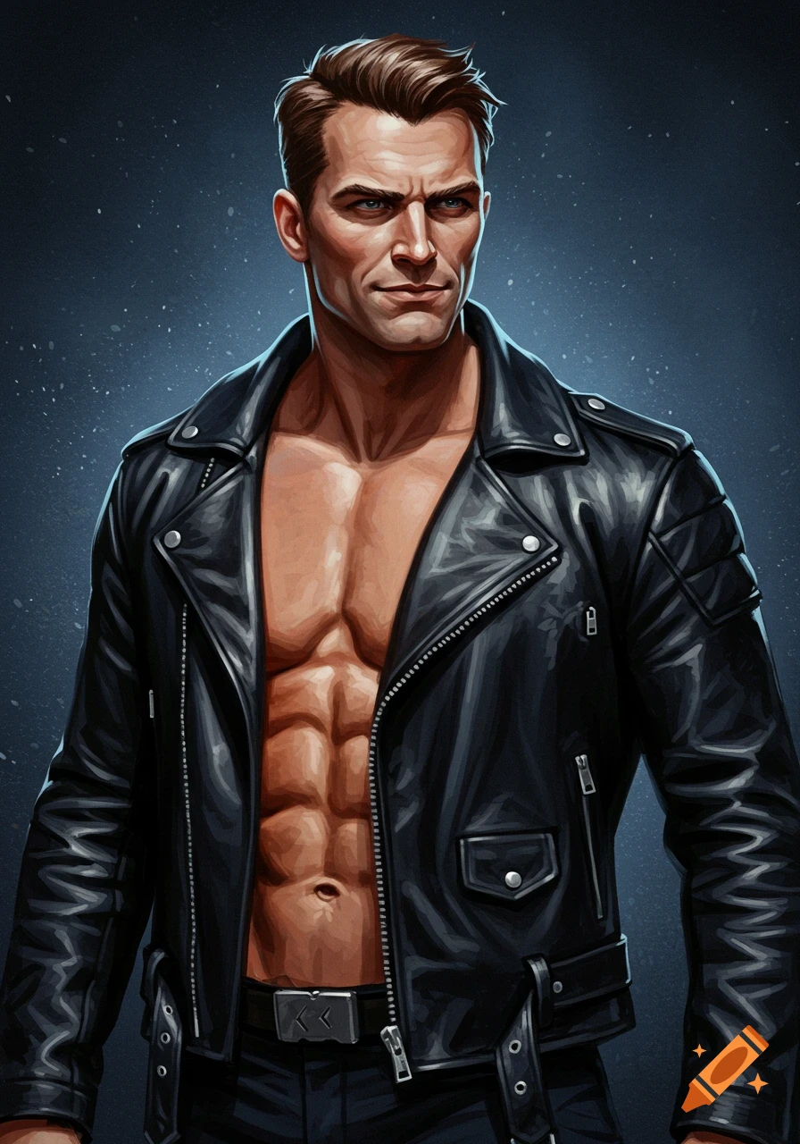 Digital illustration of a muscular man in an open black leather jacket.