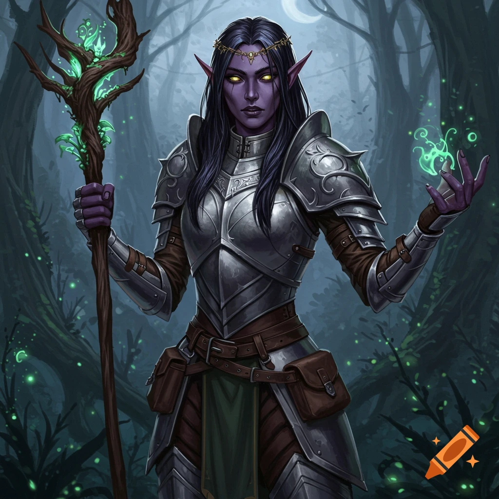 An illustration of a drow druid in steel armor holding a staff and casting magic in a forest.