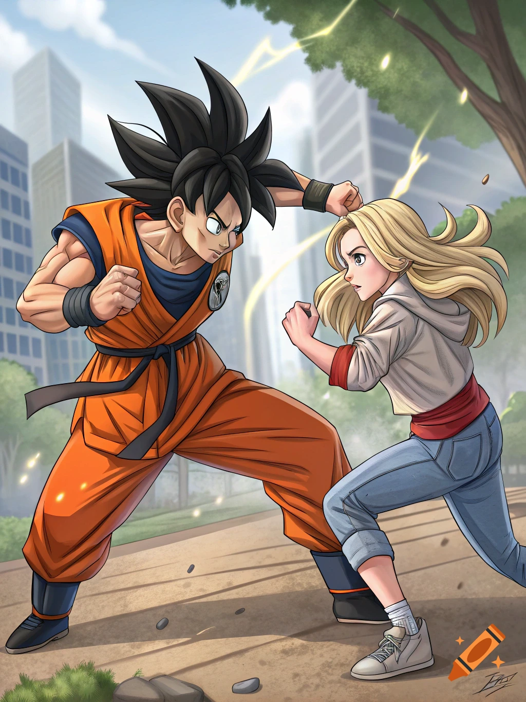 Anime illustration of Goku fighting a woman in a city park
