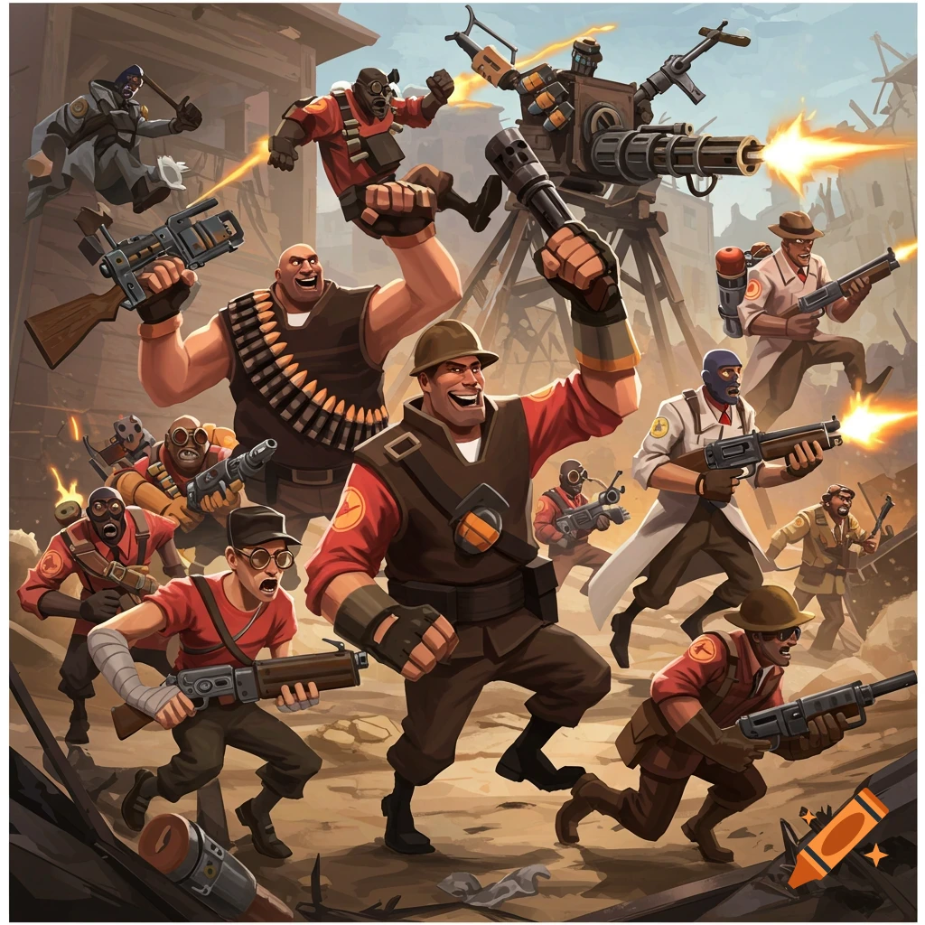 Stylized illustration of multiple characters from Team Fortress 2 in a battle scene, featuring soldiers, heavy, scout, engineer, medic, and spy.
