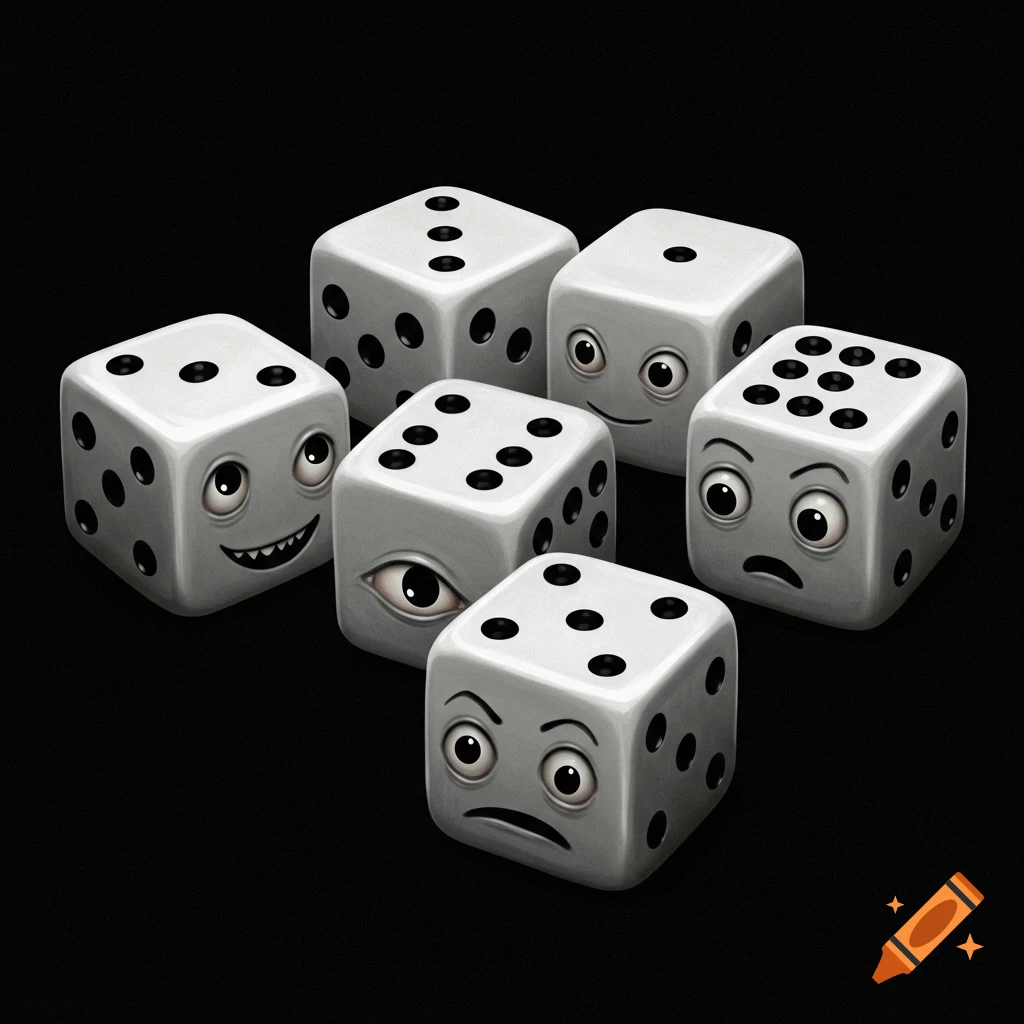 Six cartoon dice with different facial expressions against a black background.