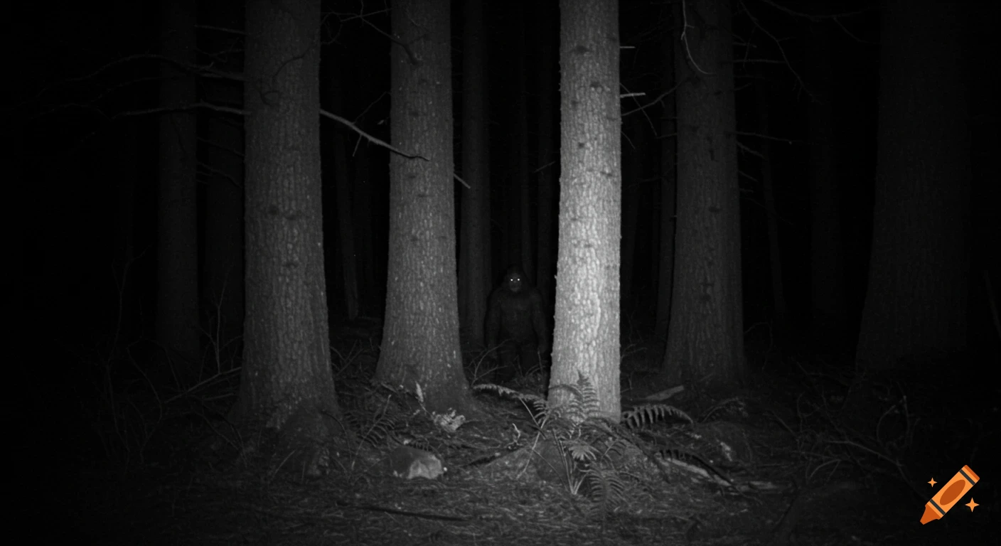 Bigfoot hiding behind trees in a dark, grainy, black and white night forest.
