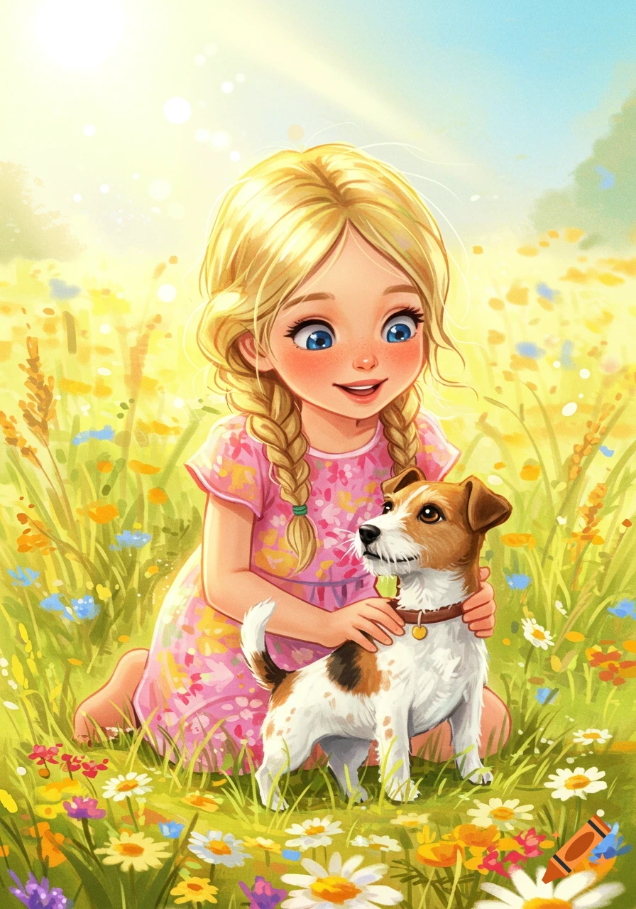 Illustration of a blonde girl petting a Jack Russell terrier in a sunny meadow.