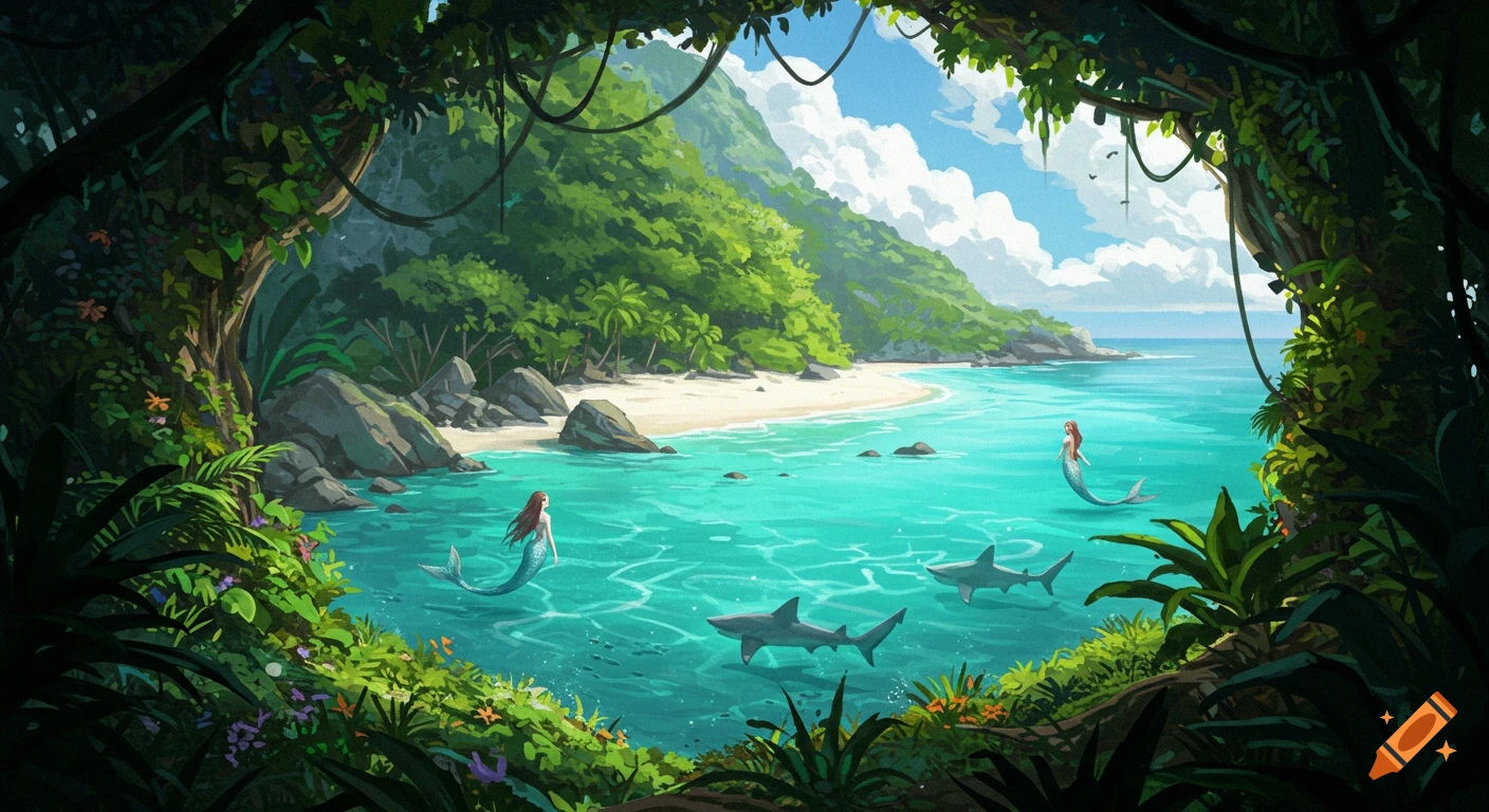 Painterly tropical scene through jungle leaves, showing a beach, clear water with mermaids and sharks.