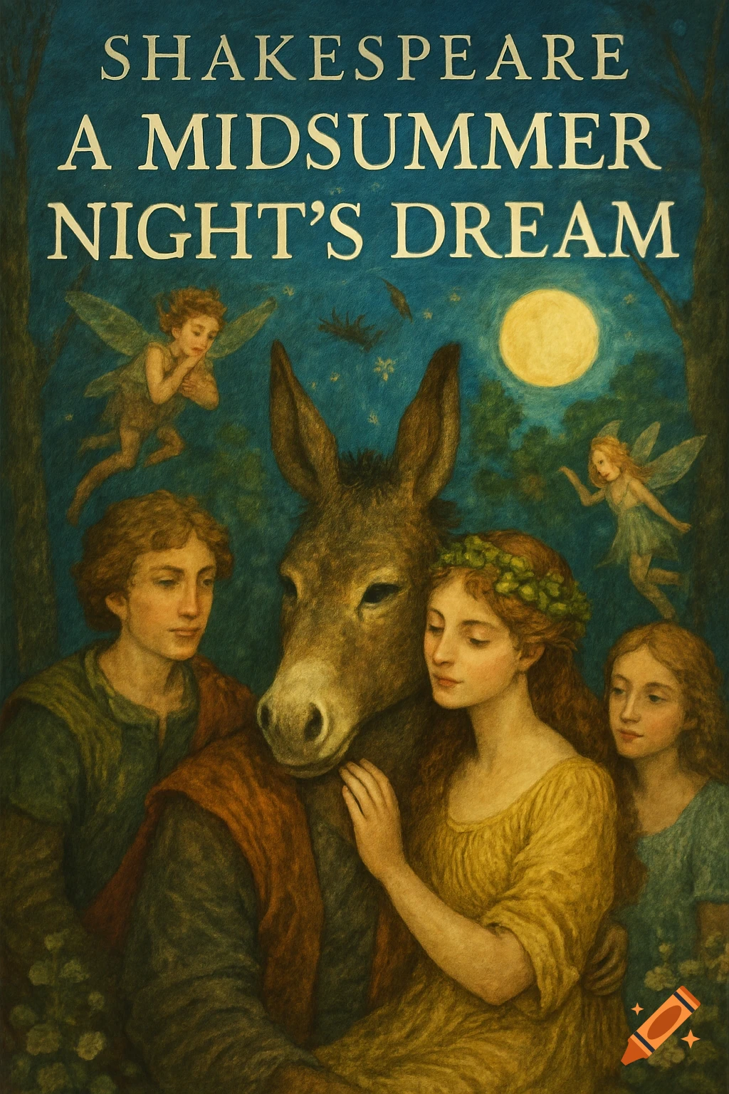 Illustration of characters from A Midsummer Night's Dream including Bottom with donkey head, fairies, and humans under a moonlit sky. Text: Shakespeare A Midsummer Night's Dream.
