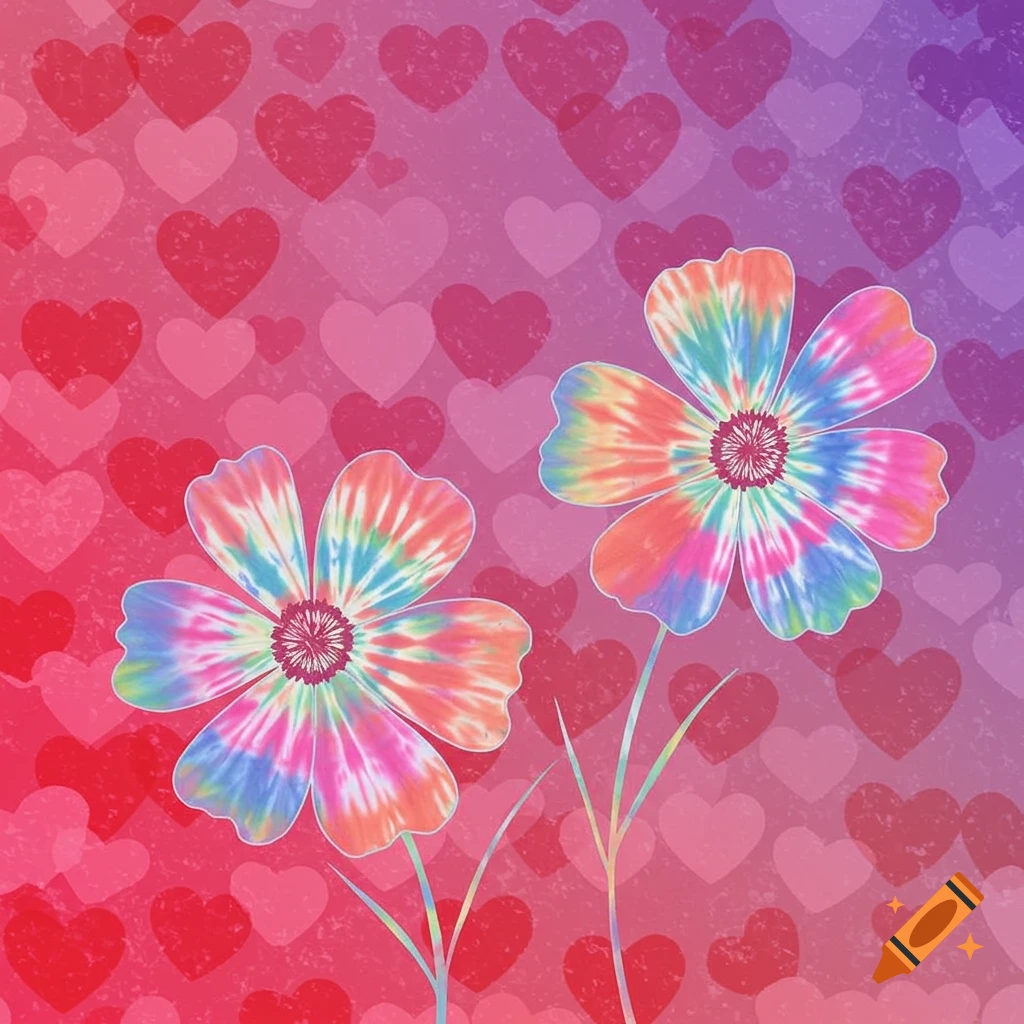 Two colorful tie-dye flowers against a background filled with pink and red hearts.