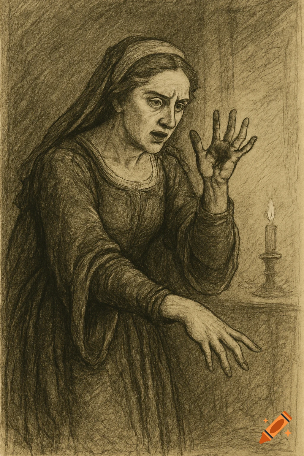 Drawing of Lady Macbeth, distressed and washing her hands by candlelight.