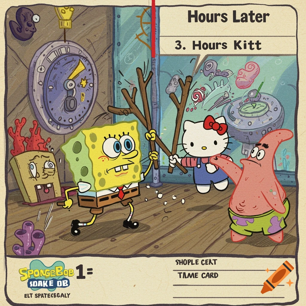 Spongebob and Hello Kitty fight with sticks while Patrick watches in a cartoon style image with text overlay.