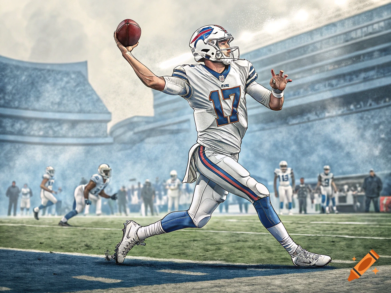 Illustration of an American football player wearing a Bills uniform, number 17, throwing a pass.