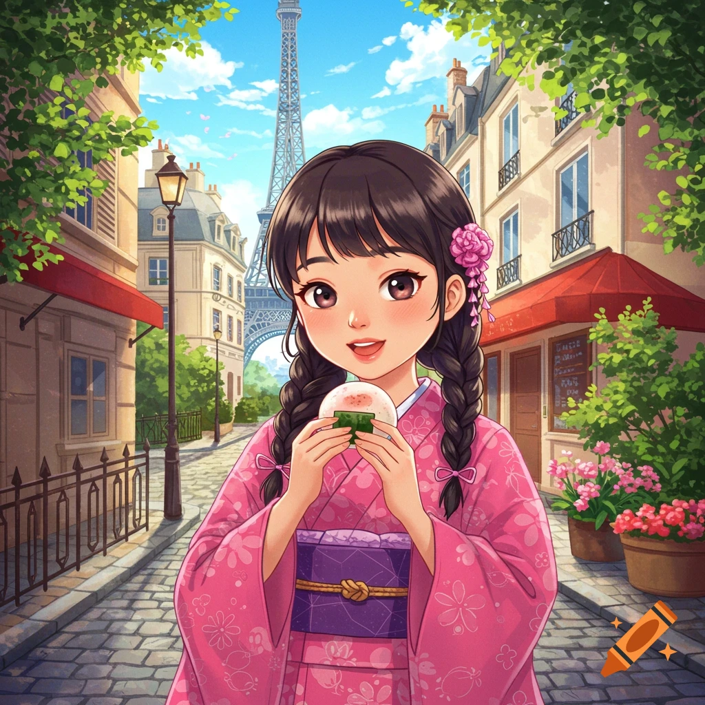 Anime girl in pink kimono holds mochi on a street in Paris with Eiffel Tower in background.